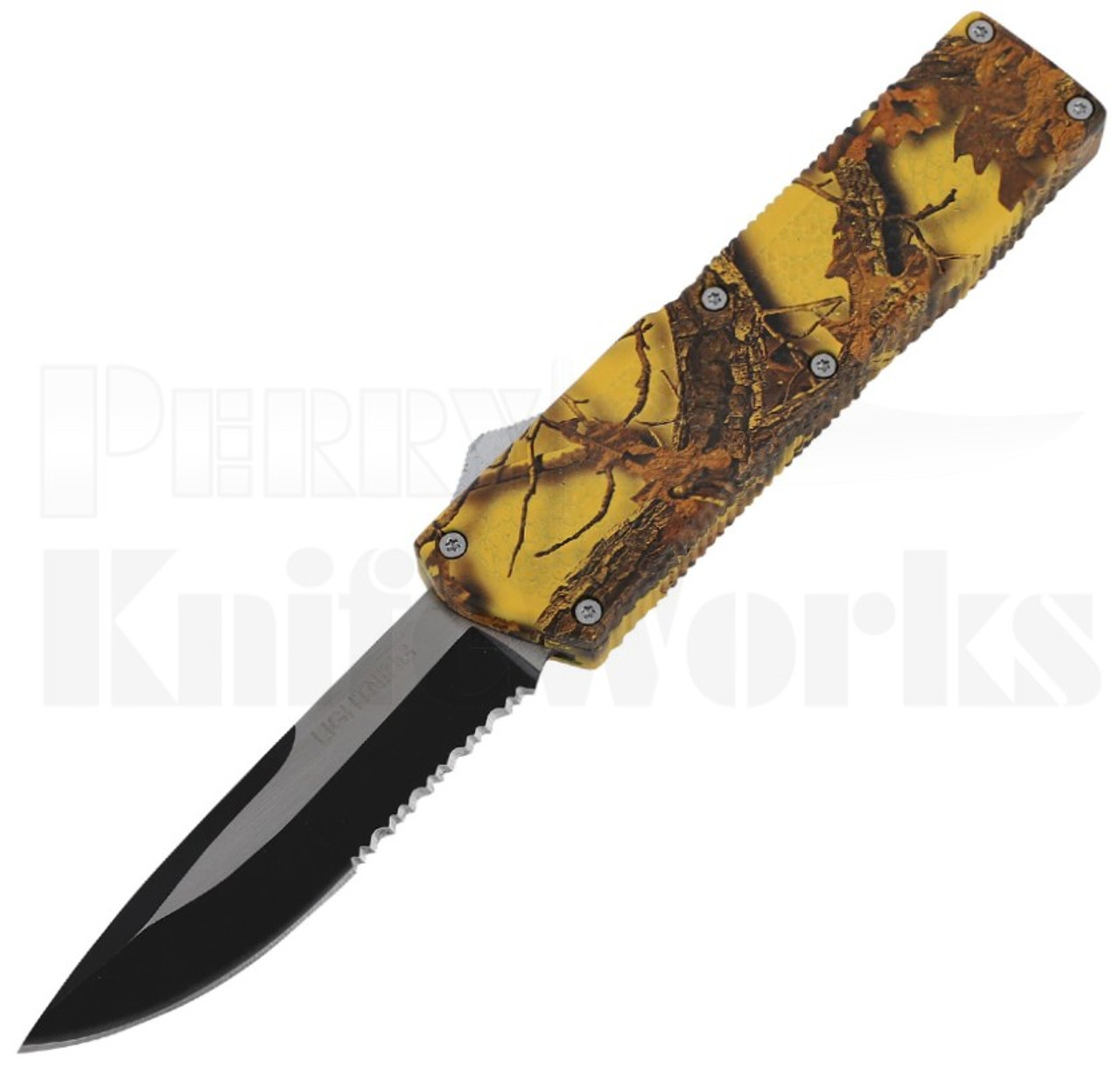 Lightning HD Camo OTF Automatic Knife l Two-Tone Serrated l For Sale