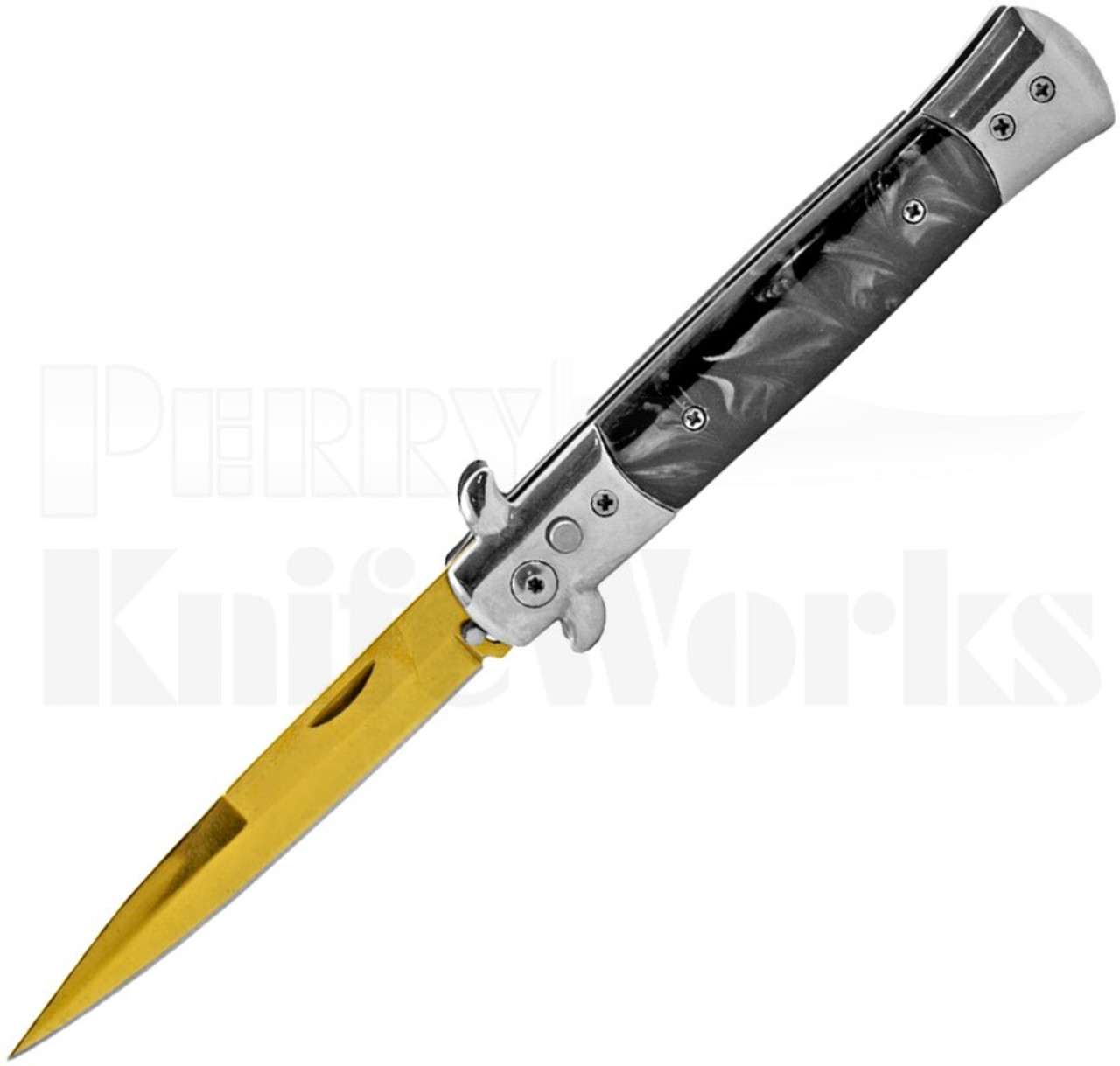 Milano 9" Stiletto Black Pearlex Automatic Knife l Gold Blade l For Sale