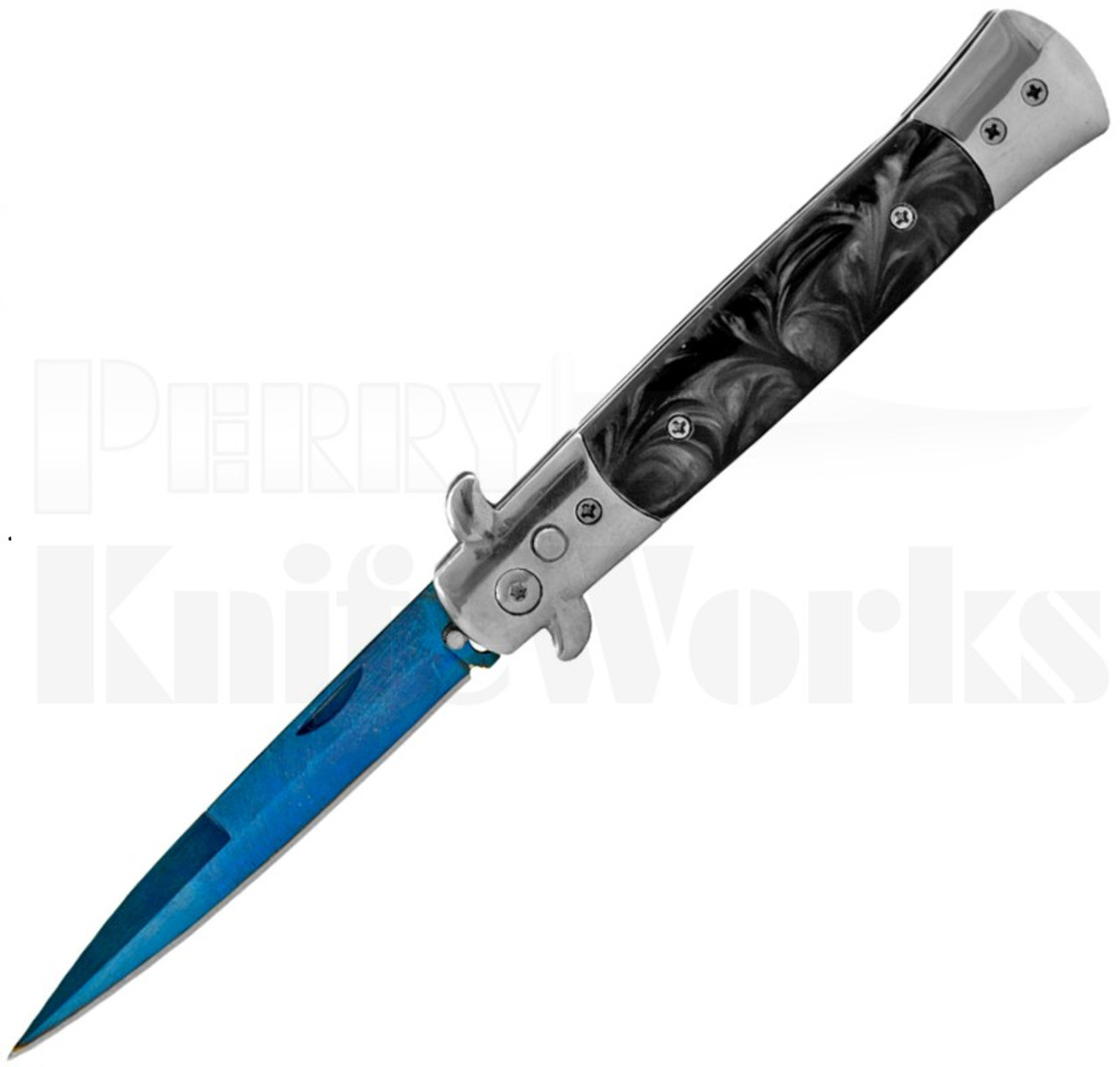 Milano 9" Stiletto Black Pearlex Automatic Knife l Blue Blade l For Sale