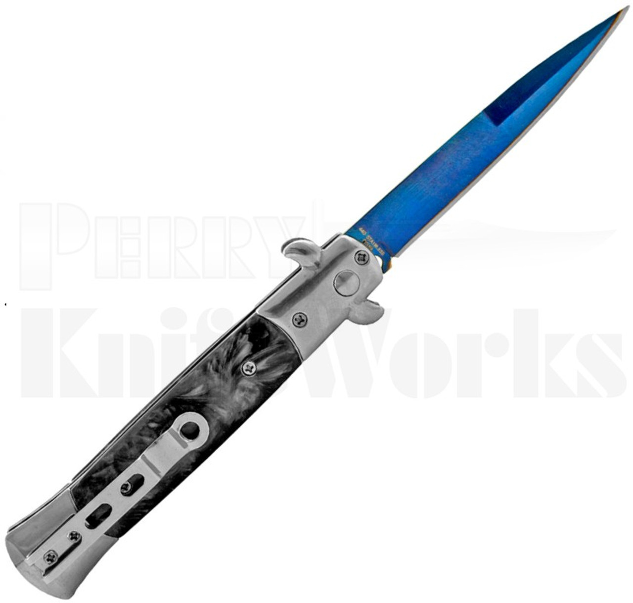 Milano 9" Stiletto Black Pearlex Automatic Knife l Blue Blade