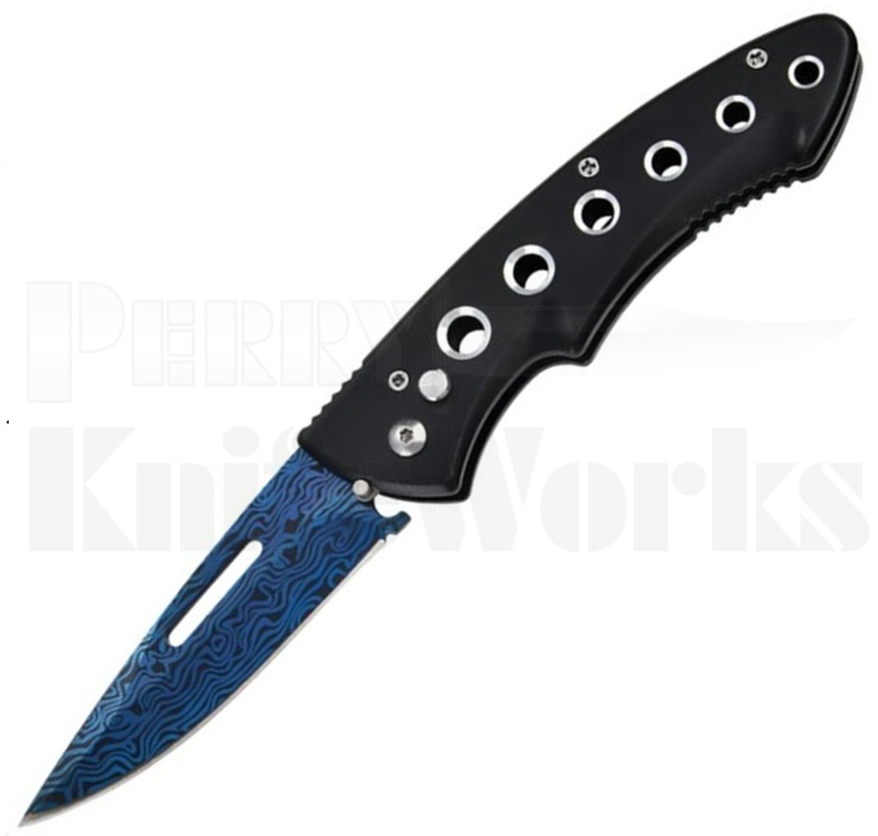 Delta Force Black Heavy Duty Automatic Knife l Blue Damascus l For Sale