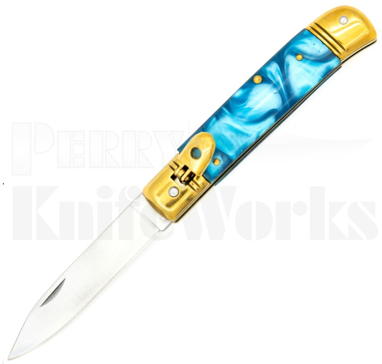 Milano 8" Lever Lock Automatic Knife Blue Pearl Gold Bolsters l For Sale