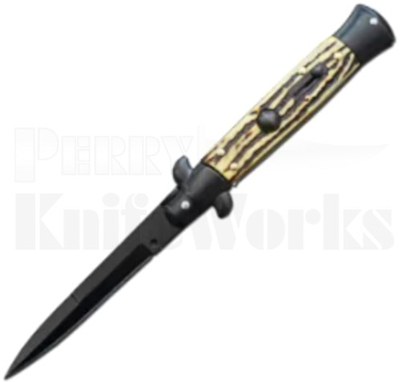 Italian Style 9" Stiletto Faux Stag Automatic Knife l Black Blade l For Sale