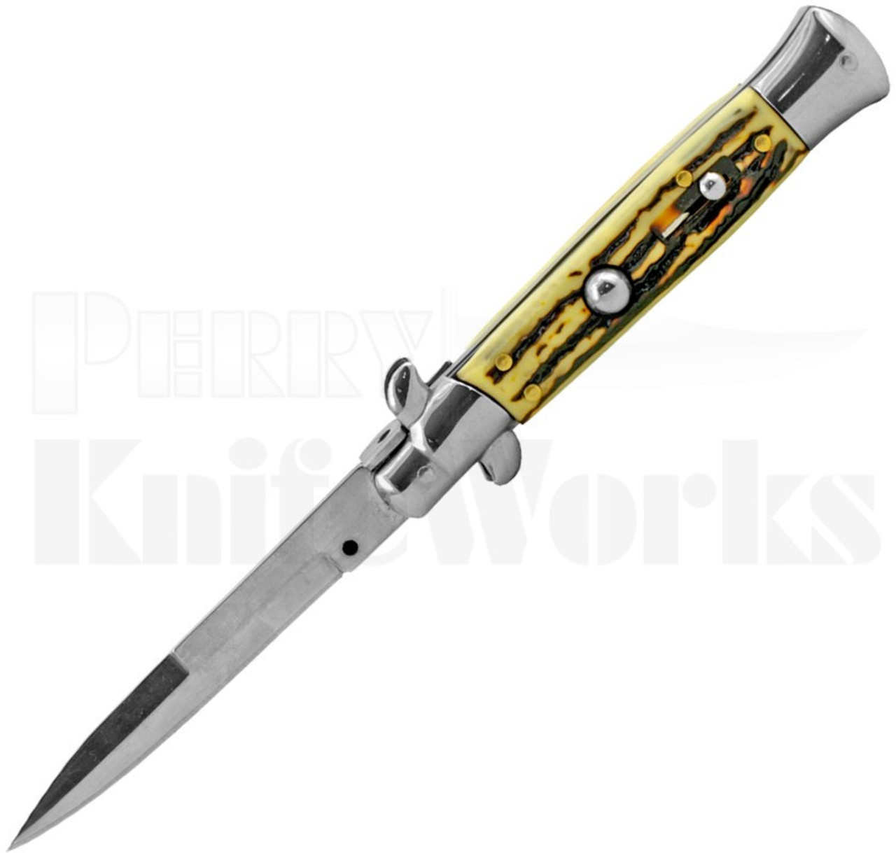 Italian Style 10" Stiletto Faux Stag Automatic Knife l Bayo Blade l For Sale