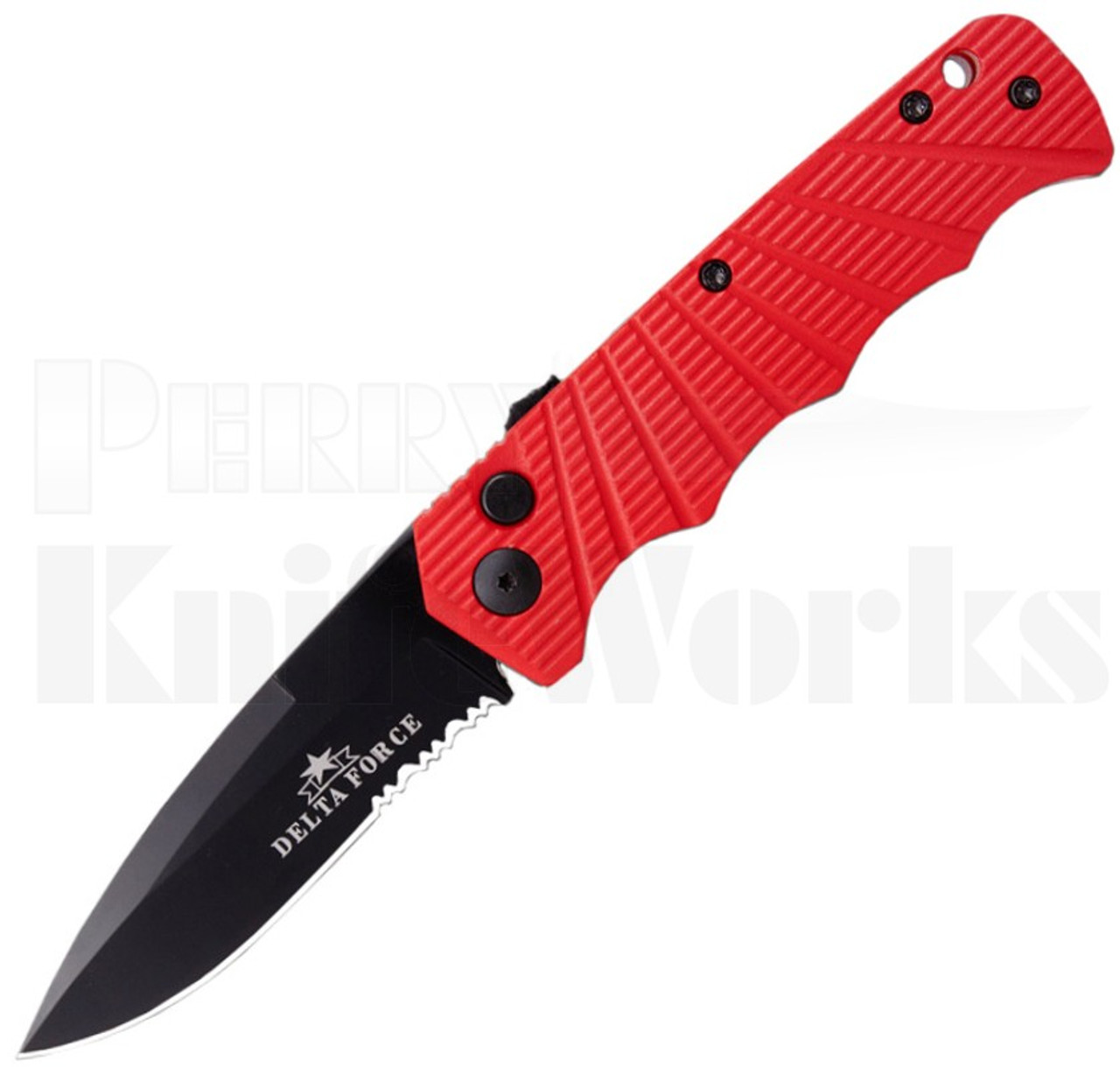 Delta Force Automatic Knife Red Aluminum l Black Serrated l For sale