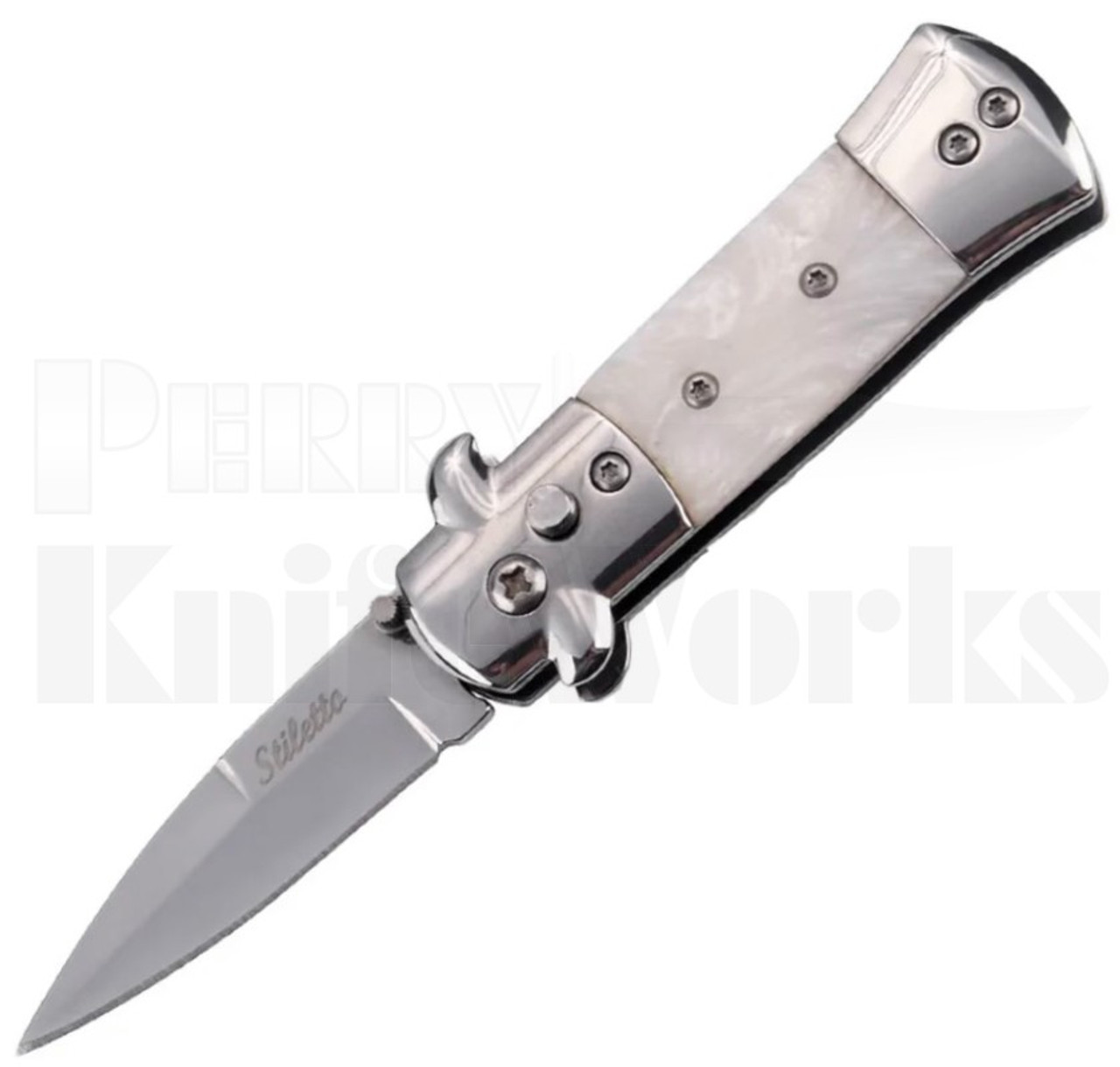 Milano 5.5" Stiletto White Pearlex Automatic Knife l Polish Blade l For Sale