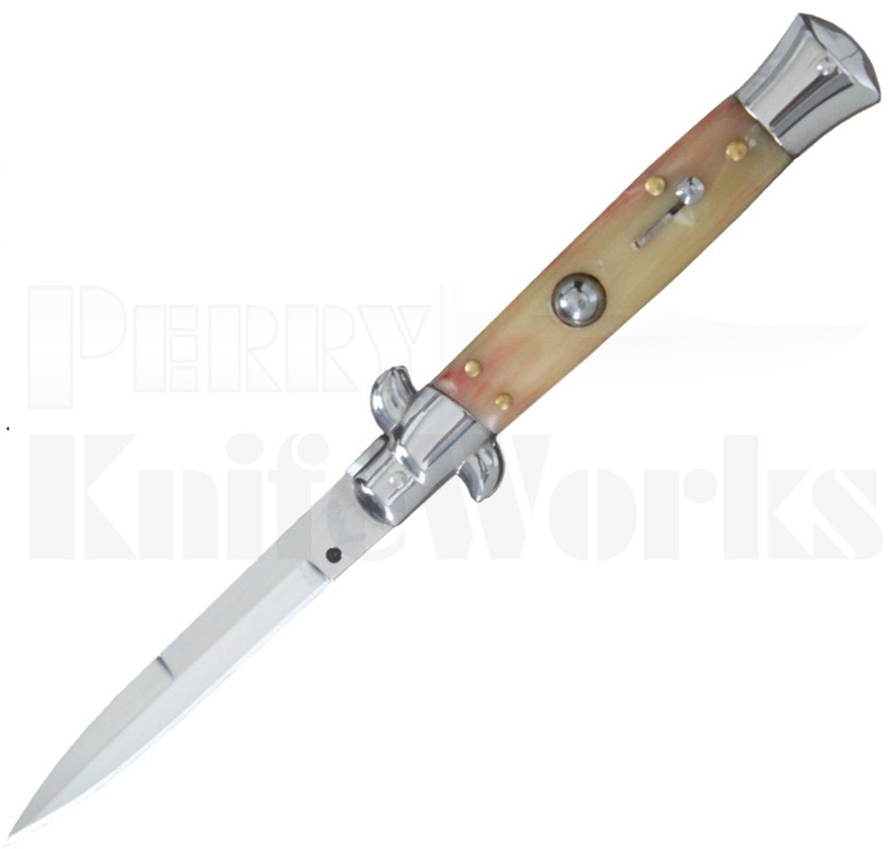 Italian Style 9" Stiletto Gold & Red Swirl Automatic Knife l For Sale
