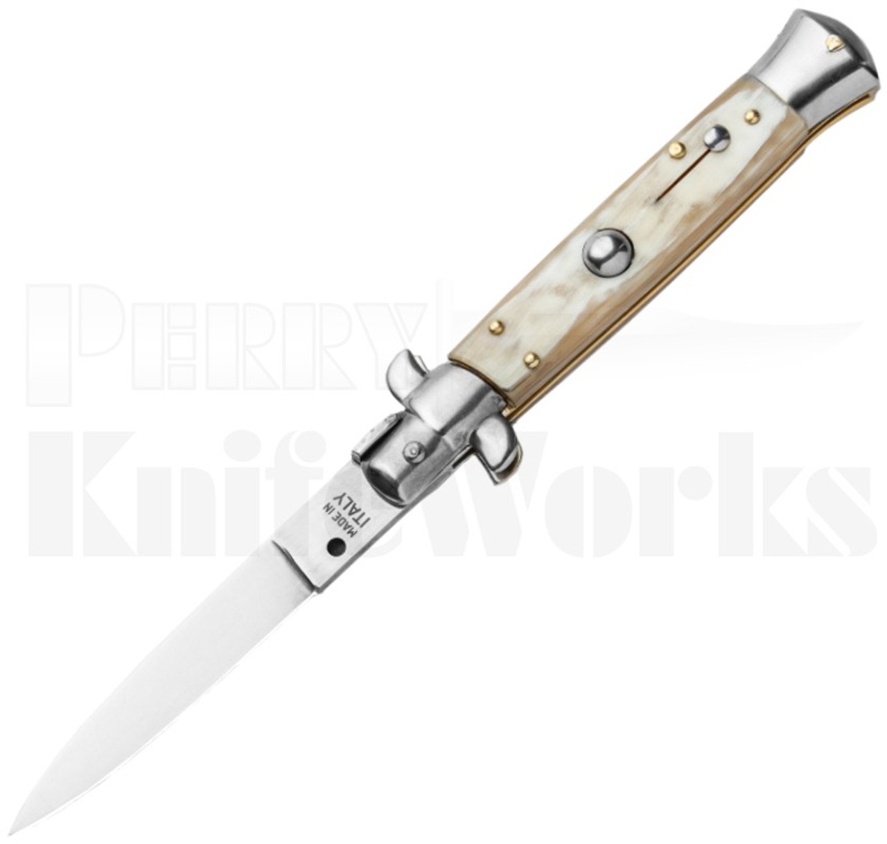 SKM 9" Italian Stiletto Flat Grind Automatic Knife Honey Horn l For Sale