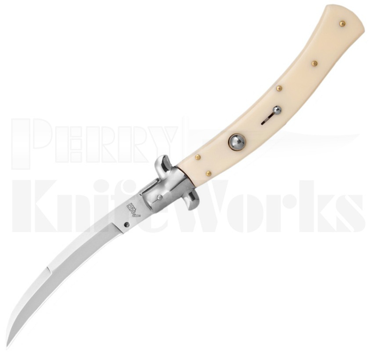 Italian Style 11" Curved Stiletto Ivory Automatic Knife l For Sale