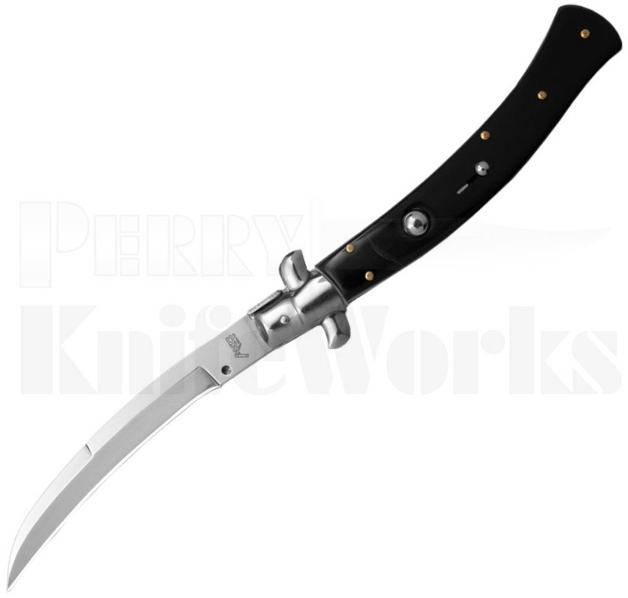 Italian Style 11" Curved Stiletto Black Marble Automatic Knife l For Sale