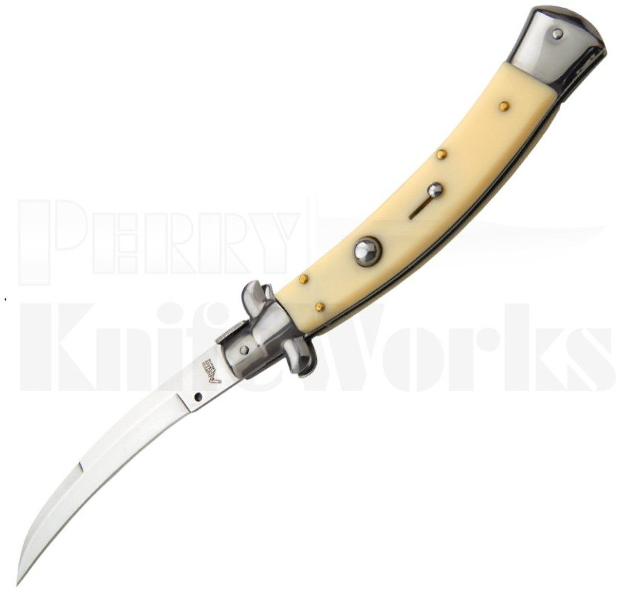 Italian Style 11" Curved Stiletto Ivory Automatic Knife l Dual Bolster l For Sale