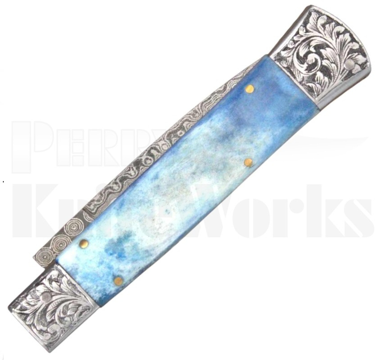 Samir Ahmad 9" Blue Camel Bone Stiletto Automatic Knife l Damascus