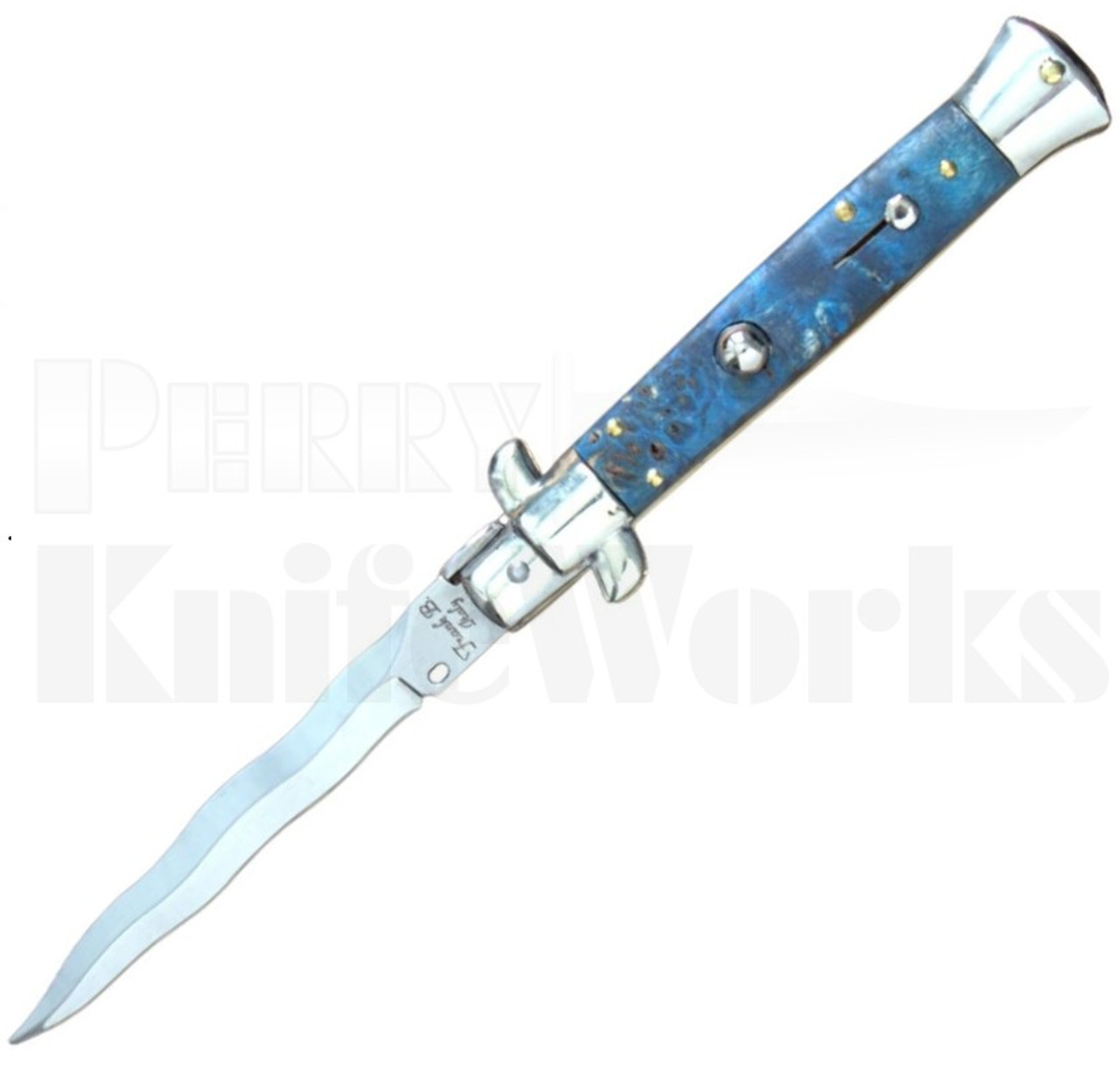 Frank B. 9" Blue Briarwood Stiletto Kris Automatic Knife Picklock l For Sale