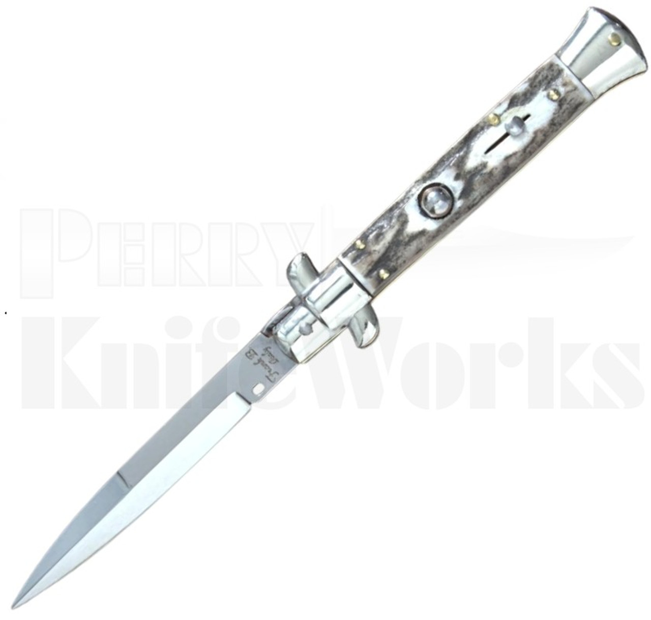 Frank B. 9" Stag Horn Stiletto Bayonet Automatic Knife Picklock l For Sale