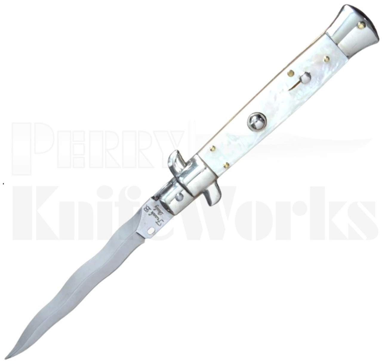 Frank B. 9" Mother of Pearl Stiletto Kris Automatic Knife Picklock l For Sale