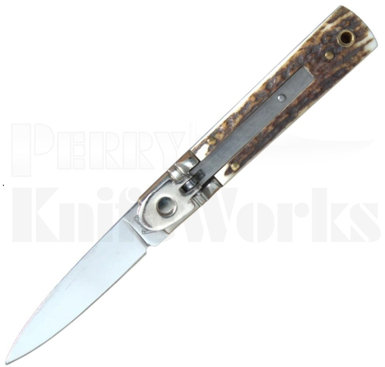 AKC Italy 6" Slimline Stag Horn Leverlock Automatic Knife l For Sale