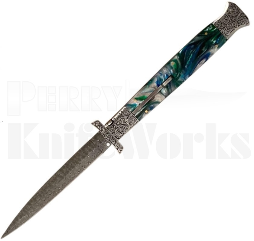 Samir Ahmad 13" Blue Pearlex Automatic Swinguard Knife l Engraved l For Sale