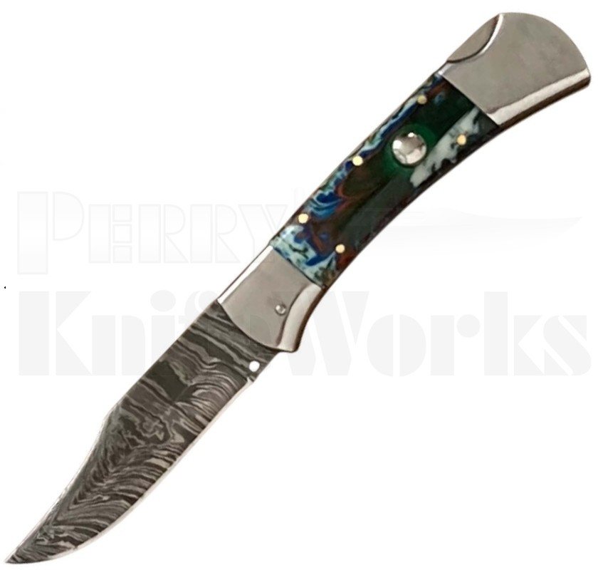 Orang Zaib 9" Blue/Green Acrylic Automatic Lockback Knife l Damascus l For Sale
