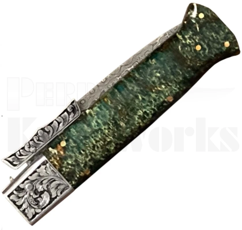 Samir Ahmad 9" Blue/Green Swinguard Automatic Knife l Damascus