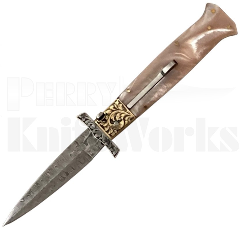 Samir Ahmad 9" Tan Pearlex Swinguard Automatic Knife l Damascus l For Sale