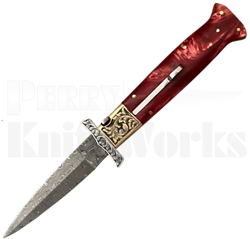 Samir Ahmad 9" Red Pearlex Swinguard Automatic Knife l Damascus l For Sale