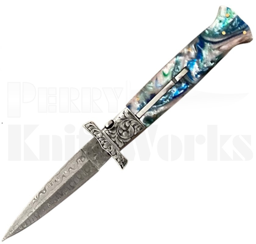 Samir Ahmad 9" Blue/Green Swinguard Automatic Knife l Damascus l For Sale
