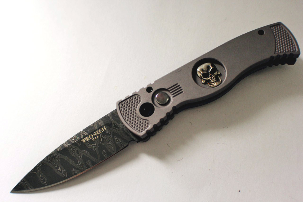 Protech Custom Damascus TR-2 Skull Tactical Response Automatic Knife