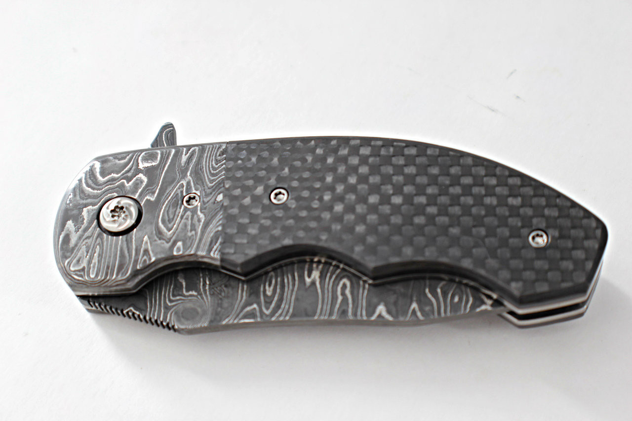 Butch Ball Custom 300 Carbon Fiber Linerlock Flipper Knife (Damascus) Closed