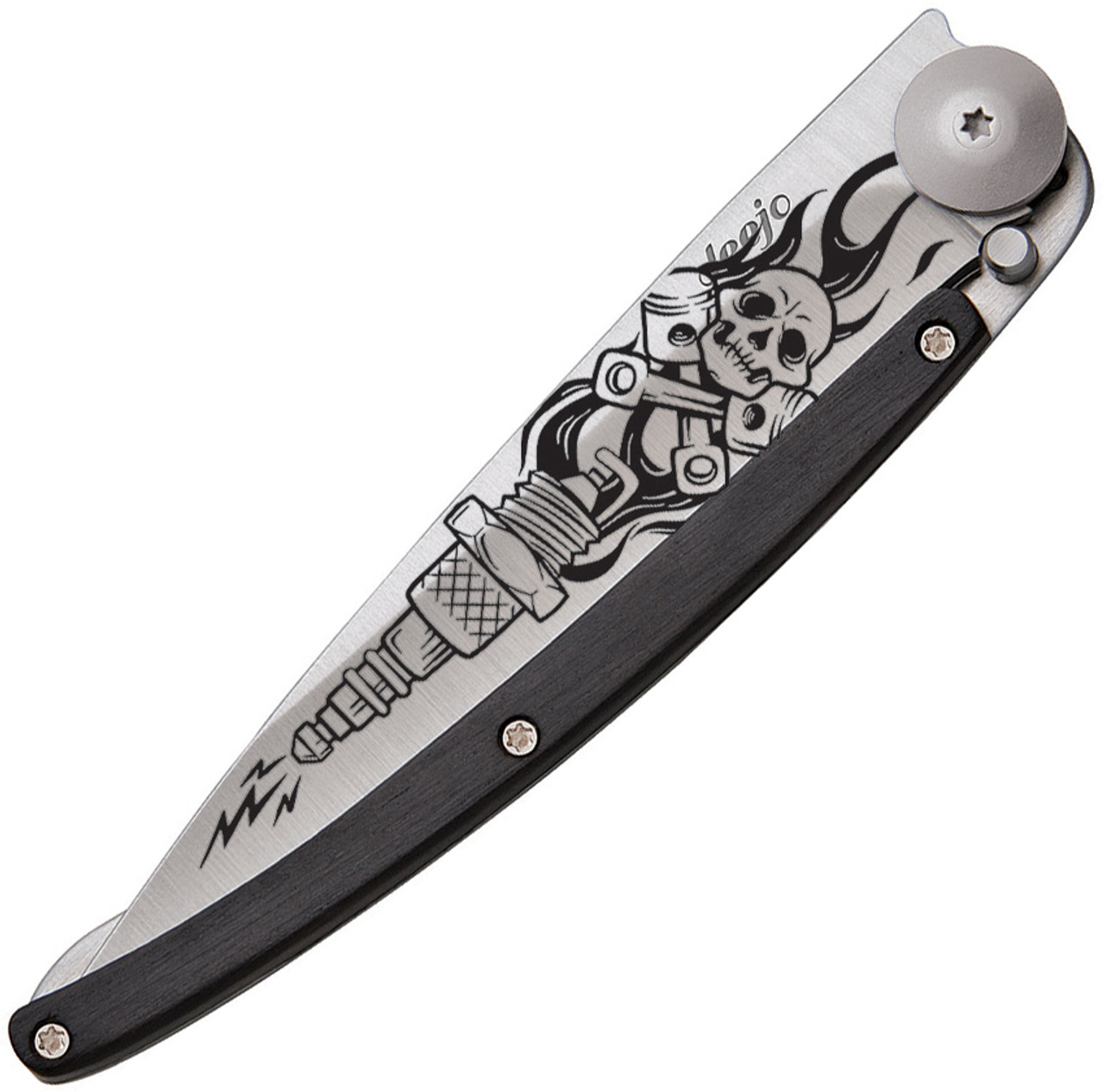 Deejo 37 Gram Biker Granadilla Wood Framelock Knife (Tattooed Satin) folded view