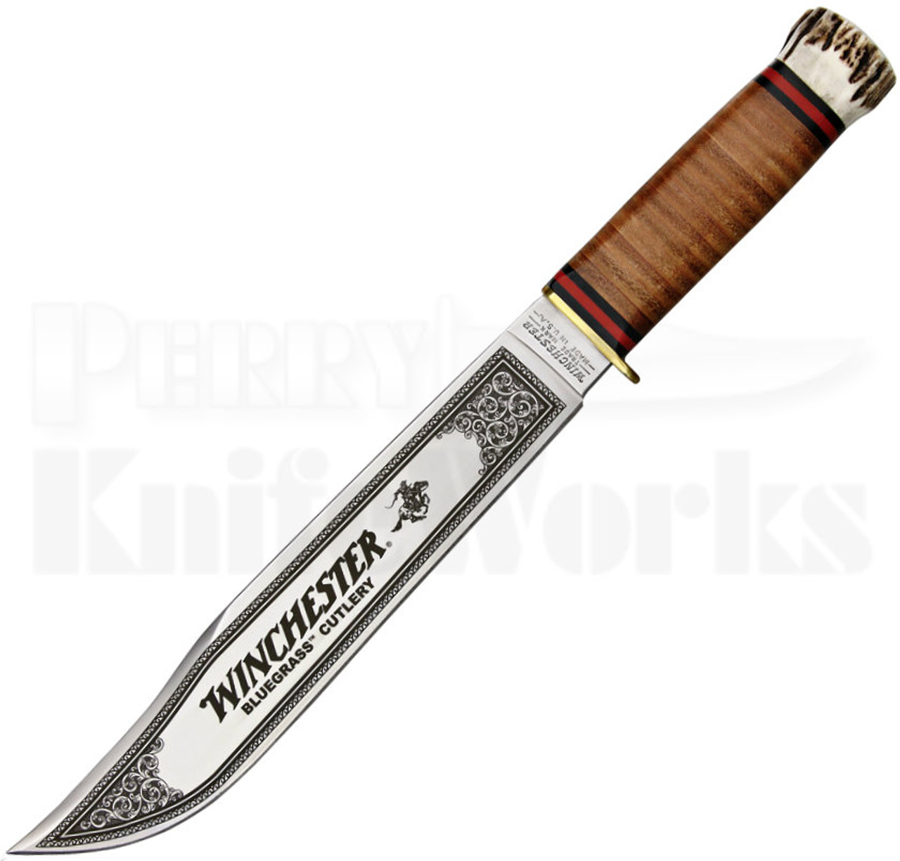 Winchester Stacked Leather & Stag Bowie Knife (Satin Etched) 