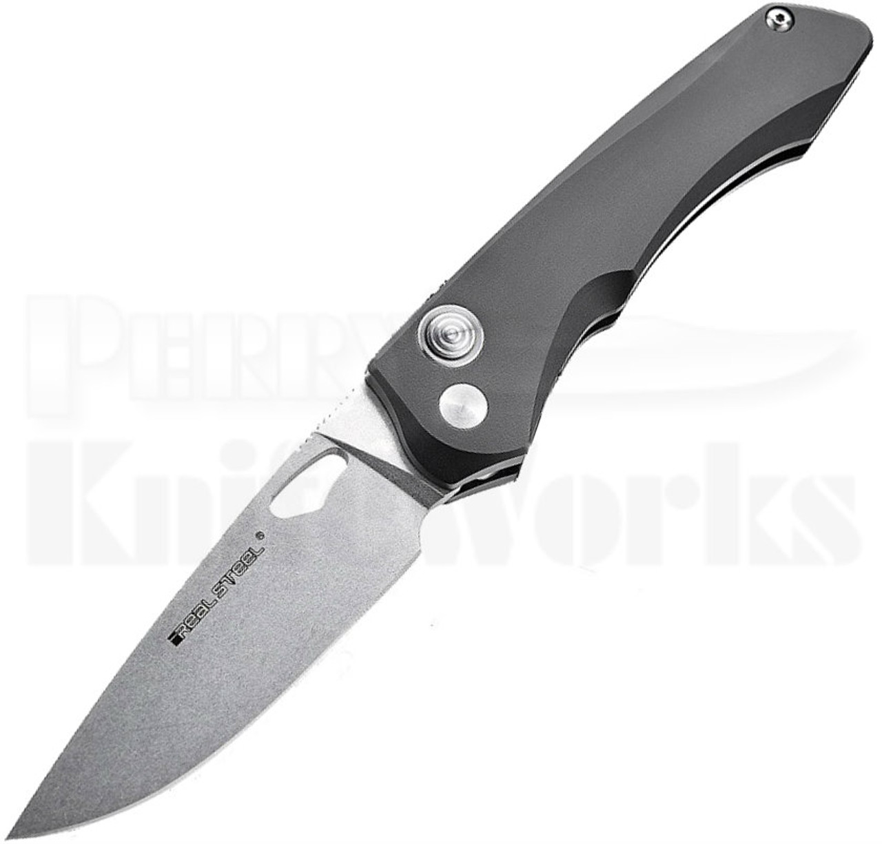 Real Steel E775 Griffin Black Aluminum Button Lock Knife (Stonewash)