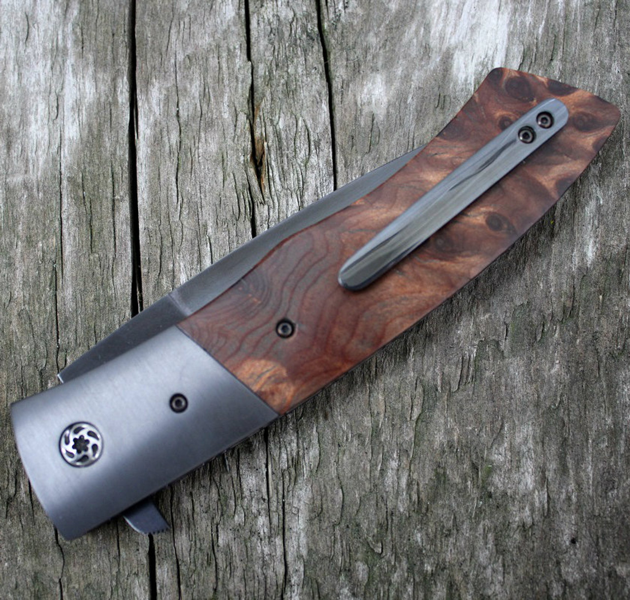 Jim Minnick Custom Redwood Burl Flipper Knife (4.0" Black Oxide)