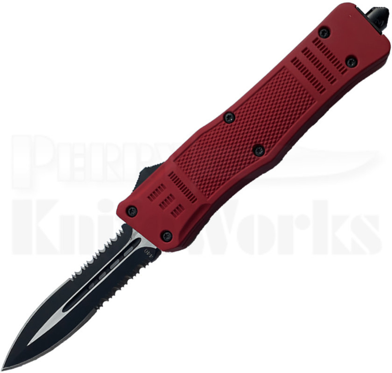 Cutting Edge Heretic Red D/A OTF Knife Spear Point l Two-Tone Serrated Cutting Edge Heretic Red D/A OTF Knife Spear Point l Two-Tone Serrated