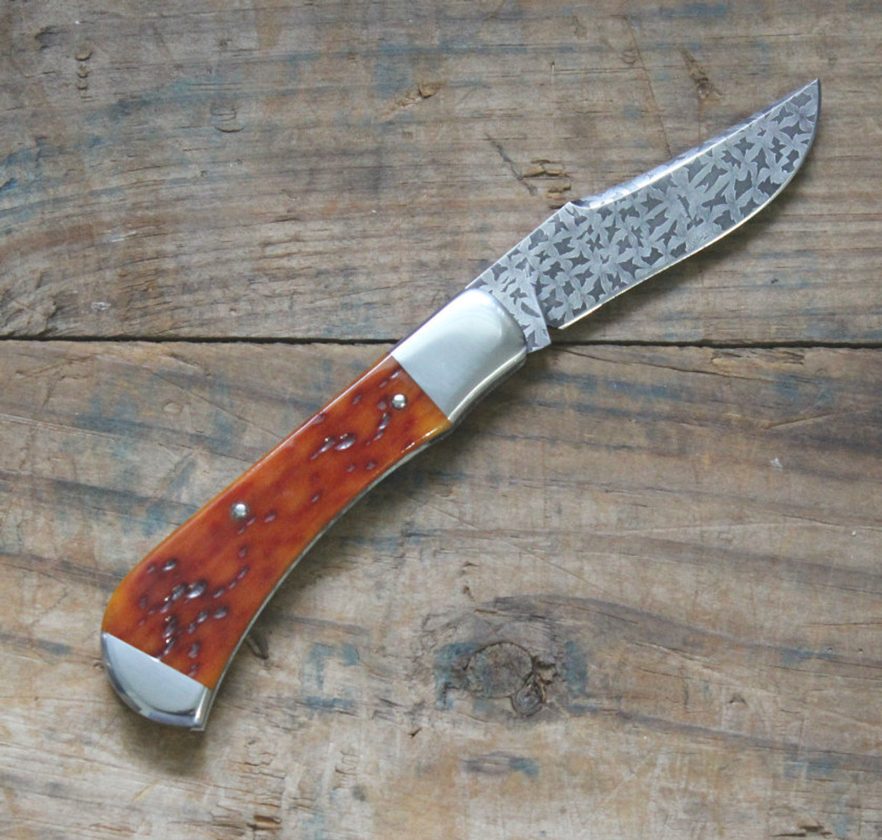 Chris Sharp Custom Slip Joint Knife Amber Bone l 3" Damascus Blade l For Sale