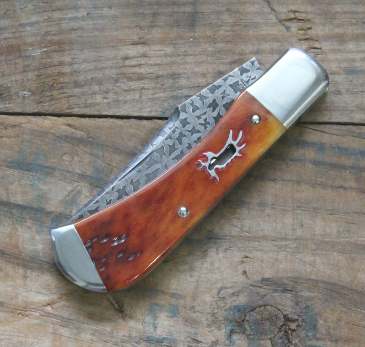 Chris Sharp Custom Slip Joint Knife Amber Bone l 3" Damascus Blade l Closed