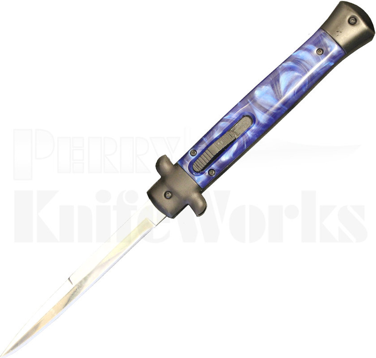 Italian 11" Blue Marble Stiletto OTF Automatic Knife w/Black Hardware