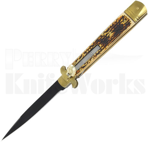 Italian Style 10" Leverlock Automatic Knife Sim Stag l For Sale