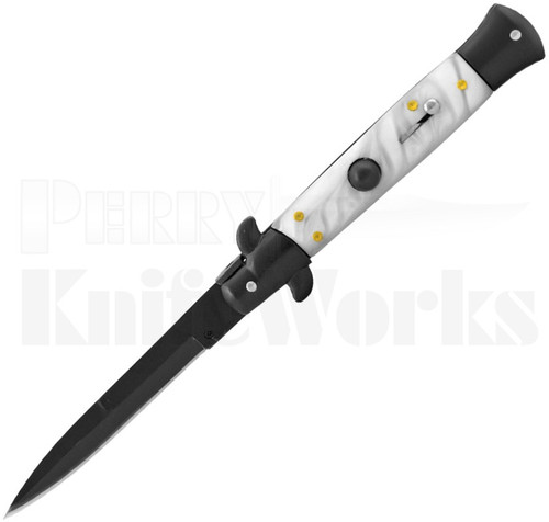 Italian Style 9" Stiletto White Swirl Automatic Knife l Black Blade l For Sale