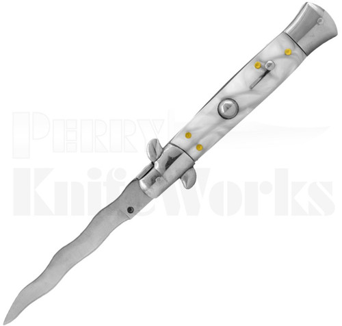 Italian Style 9" Stiletto White Marble Automatic Knife l Kris Blade l For Sale