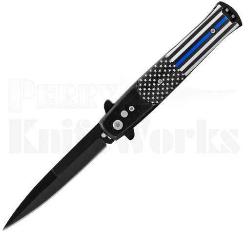 Milano 9" Stiletto Thin Blue Line Automatic Knife l Black Blade l For Sale