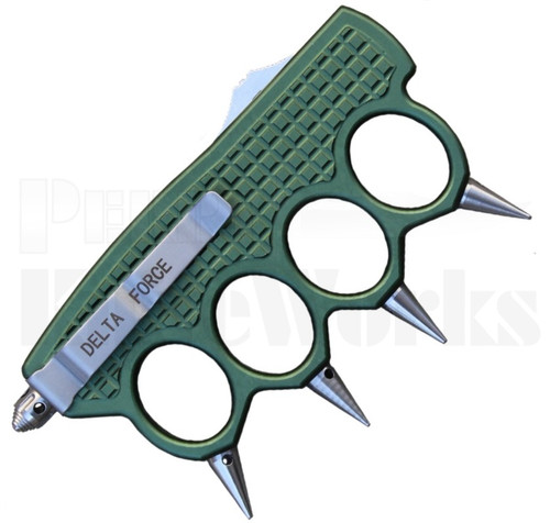 Delta Force Green Automatic OTF Spiked Knuckle Knife Satin Dagger
