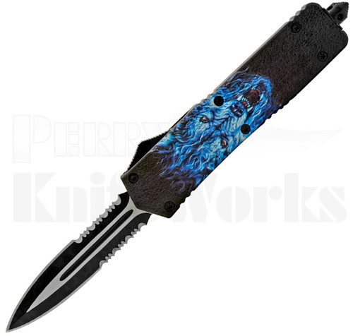 Delta Force Automatic OTF Knife Blue Wolf l Two-Tone Serrated l For Sale