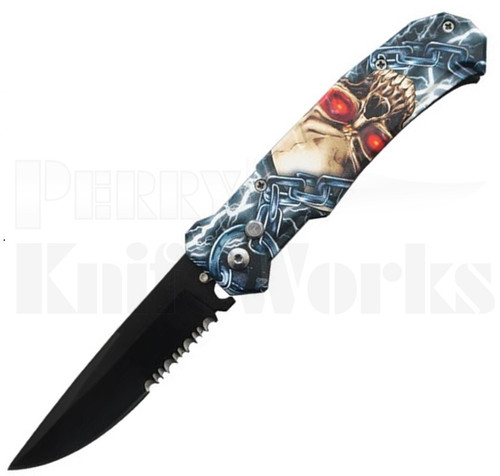 Delta Force Heavy Duty Skull Automatic Knife l Black Serrated l For Sale