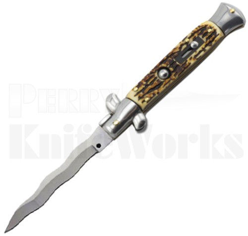 Italian Style 9" Stiletto Faux Stag Automatic Knife l Kris Blade l For Sale