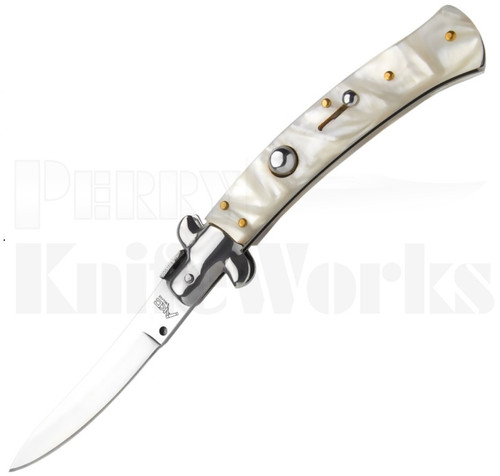 Italian Style 9" Curved Stiletto Pearlex Automatic Knife l For Sale