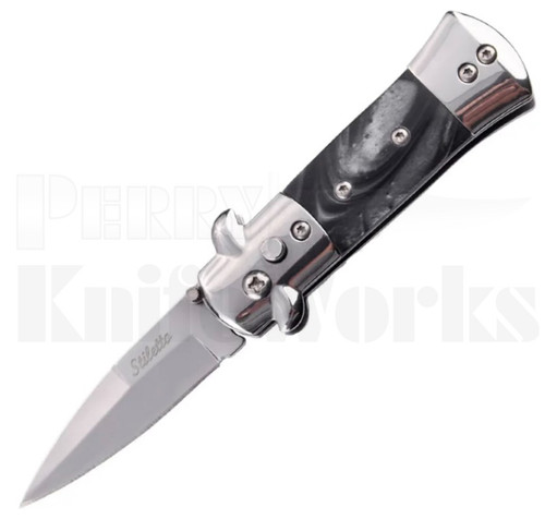 Milano 5.5" Stiletto Black Pearlex Automatic Knife l Polish Blade l For Sale