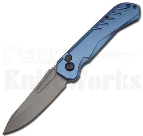 Delta Force Automatic Knife Blue Aluminum l Gray 440 Blade l For Sale