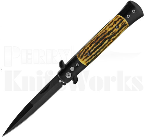 Milano 9" Stiletto Faux Stag Automatic Knife l Black Blade l For Sale