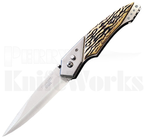 Milano Automatic Knife Simulated Stag l 4" Satin Blade l For Sale