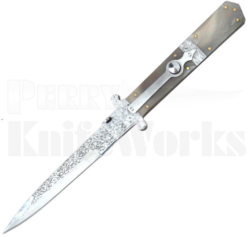 Samir Ahmad 12" Camel Bone Stiletto Automatic Knife l Engraved l For Sale Samir Ahmad 12" Camel Bone Stiletto Automatic Knife l Engraved l For Sale